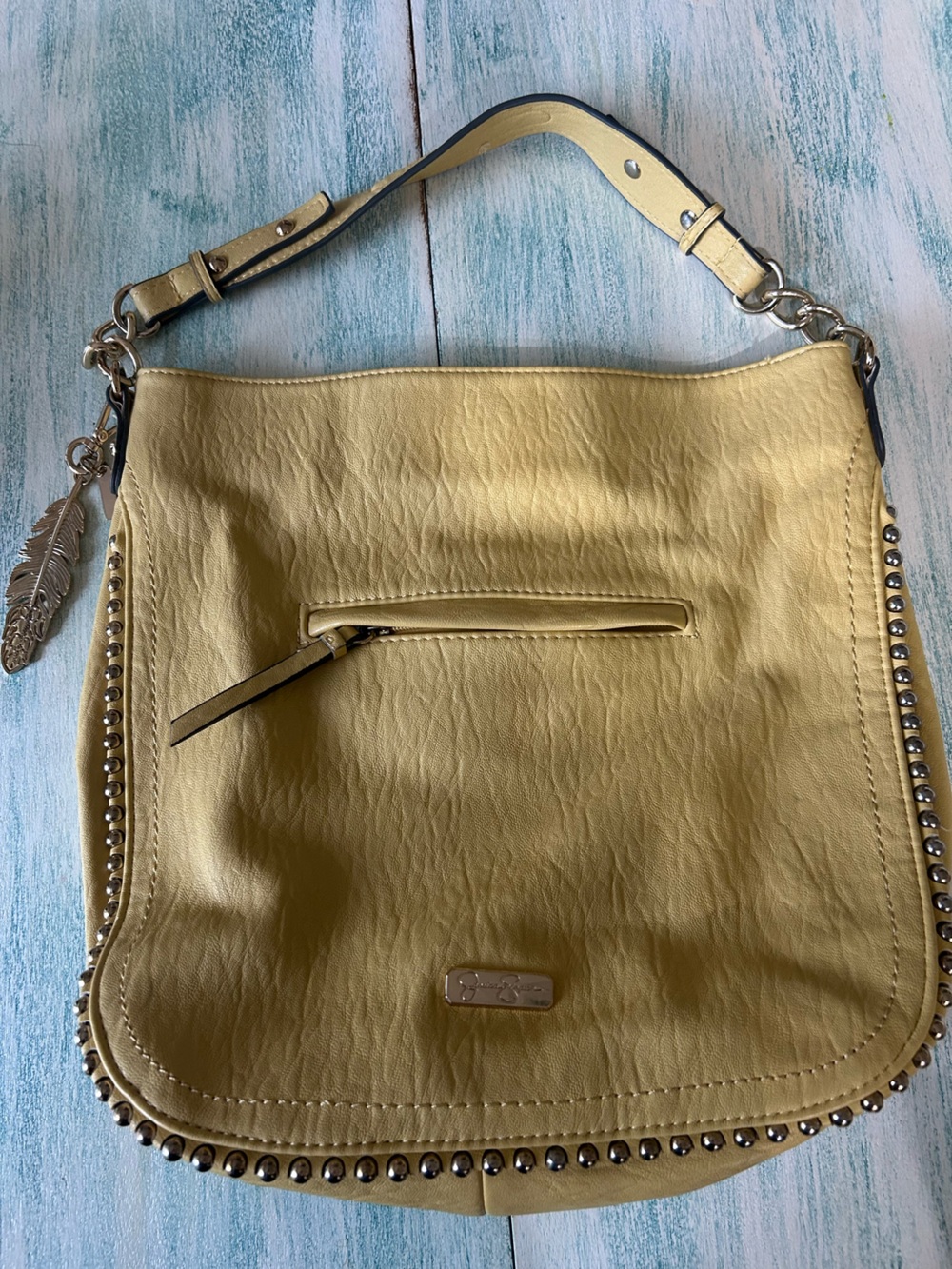 Jessica Simpson Lemon Yellow Stud-Trim Shoulder Bag with Feather Charm